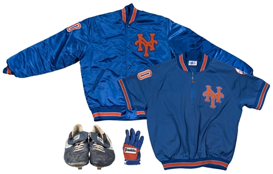Lot of (4) Circa 1986 Howard Johnson Game Used & Signed New York Mets Dugout Jacket, Pullover Jacket, Cleats & Batting Glove (JT Sports & Beckett)